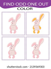 Find odd one out - game for kids to study colors,  develop attention and logic. Printable worksheet. Educational game for children, kids preschool age.