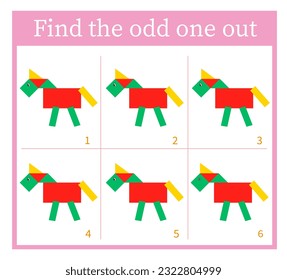 Find the odd one out. Logic puzzle for children. Kids activity sheet. Vector illustration of cartoon horse