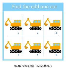 Find the odd one out. Logic puzzle for children. Kids activity sheet. Vector illustration of the excavator.