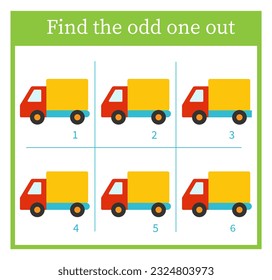 Find the odd one out. Logic puzzle for children. Kids activity sheet. Vector illustration of cartoon truck.