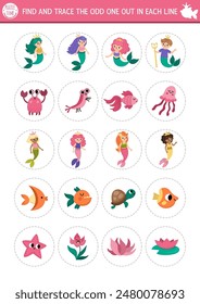 Find the odd one out. Mermaid logical activity for kids. Fairytale ocean kingdom educational quiz worksheet for attention skills. Marine printable game with sea princess, merman, fish, seaweeds
