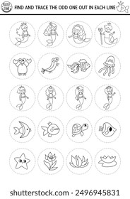 Find the odd one out. Mermaid black and white logical activity, coloring page for kids. Ocean kingdom educational line quiz worksheet. Marine printable game with sea princess, merman, fish