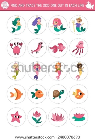 Find the odd one out. Mermaid logical activity for kids. Fairytale ocean kingdom educational quiz worksheet for attention skills. Marine printable game with sea princess, merman, fish, seaweeds
