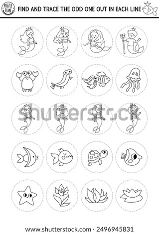 Find the odd one out. Mermaid black and white logical activity, coloring page for kids. Ocean kingdom educational line quiz worksheet. Marine printable game with sea princess, merman, fish