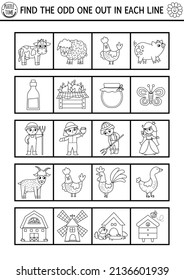 Find the odd one out. On the farm black and white logical activity for children. Farm coloring page for kids for attention skills. Simple line printable game with cute animals, birds, farmers
