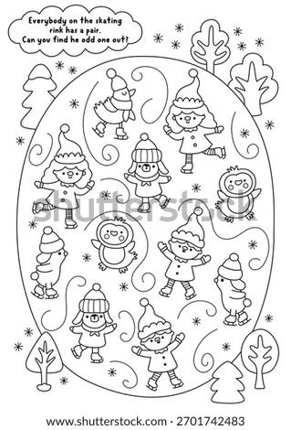 Find odd one out on skating rink. Christmas black and white matching activity with skating elves, animals. Winter holiday line quiz worksheet for kid. New Year printable game, coloring page
