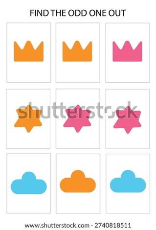 Find the odd one out printable with colorful abstract shapes in grid layout. Difference detection worksheet. Logic game. Brain teaser activity. Visual discrimination exercise.