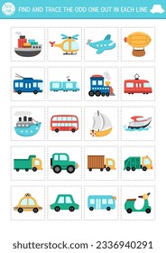 Find the odd one out. Transportation logical activity for kids. Water, air, land, public transport educational quiz worksheet for attention skills. Printable game with car, bus, train, truck
