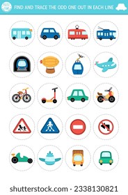 Find the odd one out. Transportation logical activity for kids. Air, land, public transport educational quiz worksheet for attention skills. Printable game with car, bus, plane, road signs, subway
