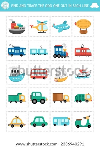 Find the odd one out. Transportation logical activity for kids. Water, air, land, public transport educational quiz worksheet for attention skills. Printable game with car, bus, train, truck
