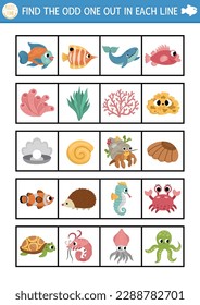 Find the odd one out. Under the sea logical activity for children. Ocean life educational quiz worksheet for kids for attention skills. Simple water animals printable game with cute characters
