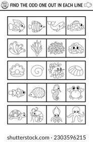 Find the odd one out. Under the sea black and white logical activity. Ocean life line educational quiz worksheet for kids for attention skills. Simple water animals coloring page
