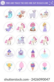 Find the odd one out. Unicorn logical activity for kids. Fantasy or magic world educational quiz worksheet for attention skills. Printable fairytale game with fairy, mermaid, narval, castle
