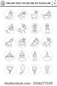 Find the odd one out. Unicorn black and white logical activity for kids. Fantasy or magic world quiz, worksheet or coloring page. Printable fairytale game with fairy, mermaid, narval, castle
