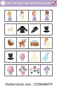 Find the odd one out. Wedding logical activity for children. Marriage ceremony educational quiz worksheet for kids for attention skills. Simple printable game with cute bride and groom
