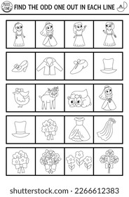 Find the odd one out. Wedding black and white logical activity for children. Marriage educational quiz worksheet for kids. Simple printable game or coloring page with cute bride and groom
