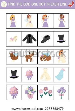 Find the odd one out. Wedding logical activity for children. Marriage ceremony educational quiz worksheet for kids for attention skills. Simple printable game with cute bride and groom
