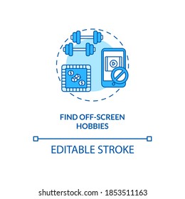 Find off-screen hobbies concept icon. Smartphone dependence reducing idea thin line illustration. Screen-free leisure ideas. Offline pastime. Vector isolated outline RGB color drawing. Editable stroke