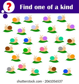 Find one of a kind. Educational game for children. Cute colorful snails on a green leaf. Cartoon vector illustration for kids