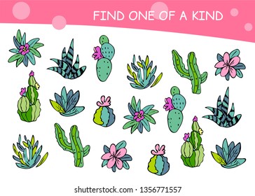 Find one of a kind. Educational matching game for children. Cartoon vector illustration