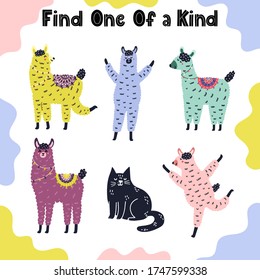 Find one of a kind game for kids. I spy puzzle for toddlers with funny llamas and a cat. Activity page template. Vector illustration