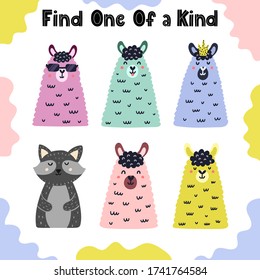 Find one of a kind. I spy activity page for kids with funny llamas and raccoon. Educational activity page. Vector illustration