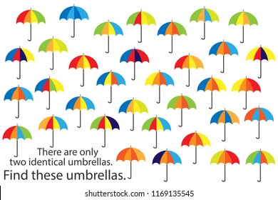 Find only two same umbrellas, fun education autumn puzzle game for children, preschool worksheet activity for kids, task for the development of logical thinking and mind, vector illustration