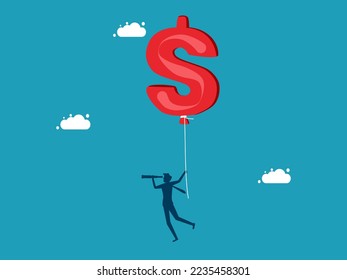 Find opportunities during the financial crisis. Businessman floats with dollar balloons looking for investment opportunities