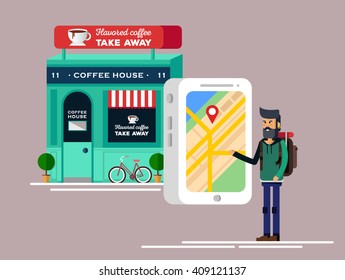 Find oriental coffee house near you. Flat vector illustration on locating closest cafe using online mobile application with city map. Man touch screen phone that shows the location on map cafe