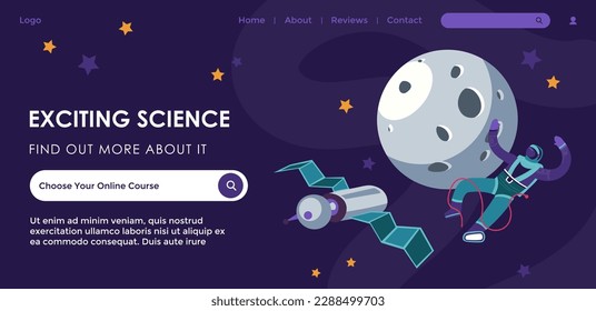 Averigua más sobre ciencia emocionante con recursos en línea. Elige el curso y comienza a obtener el conocimiento o el grado en la universidad. Página web, plantilla del sitio de aterrizaje en Internet. Vector de estilo plano