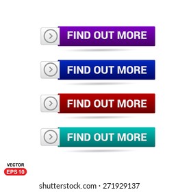 Find out More Icon Button. Abstract beautiful text button with icon. Purple Button, Blue Button, Red Button, Green Button, Turquoise button. web design element. Call to action gray icon button