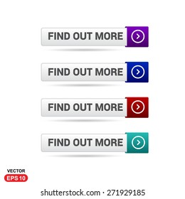 Find out More Icon Button. Abstract beautiful text button with icon. Purple Button, Blue Button, Red Button, Green Button, Turquoise button. web design element. Call to action gray icon button