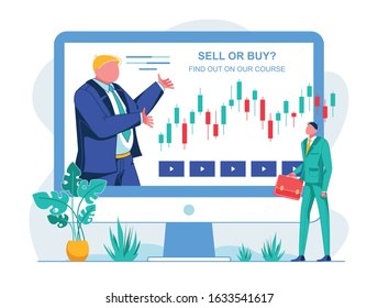 Find out on our Course Sell or Buy with Teacher. Young Businessman in Suit Goes through Online Lessons About Work Trading and Looks at Big Screen. Teacher Points to Schedule with his Hand.