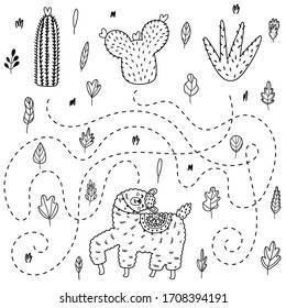 Find out which cactus will get the llama. Outline maze game for preschool kids. Black and white coloring page for children. Vector illustration