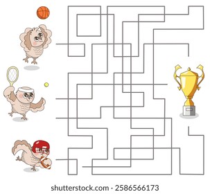 Find out which player will get the gold cup. Maze game. Sports vector illustration for children's activity book, entertainment, print. Award