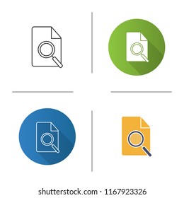 Find in page icon. Data searching. File with magnifying glass. Find document. Flat design, linear and color styles. Isolated vector illustrations