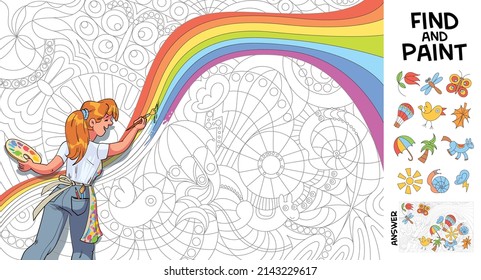 Find and paint. Children puzzle. Kids coloring book. Girl draws a picture on the wall. Find 12 hidden objects in the picture. Puzzle Hidden Items. Funny cartoon character. Vector illustration. Set