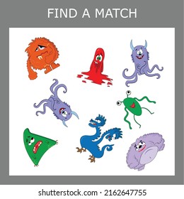 Find a pair between colorful monsters. Preschool worksheet, worksheet for kids, printable worksheet