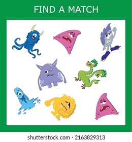 Find a pair between colorful monsters. Preschool worksheet, worksheet for kids, printable worksheet