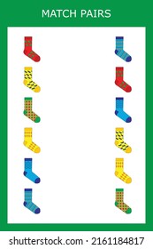 Find a pair between socks. Preschool worksheet, worksheet for kids, printable worksheet