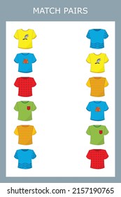 Encuentra un par entre camisetas. Hoja de cálculo preescolar, hoja de cálculo para niños, hoja de cálculo imprimible