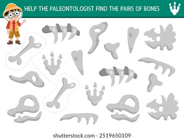 Encontre um par de ossos de dinossauros. Atividade de correspondência pré-histórica para crianças. Planilha de teste educacional de terra Dino para crianças para habilidades de atenção. Jogo imprimível com esqueleto animal antigo bonito
