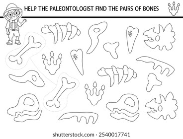 Find pair of dinosaur bones. Prehistoric black and white matching activity. Dino educational line quiz worksheet for kids for attention. Printable game, coloring page with ancient animal skeleton