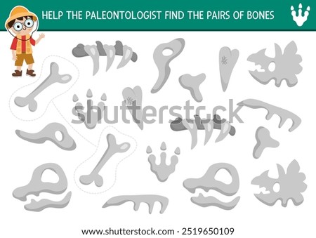 Find pair of dinosaur bones. Prehistoric matching activity for children. Dino land educational quiz worksheet for kids for attention skills. Printable game with cute ancient animal skeleton
