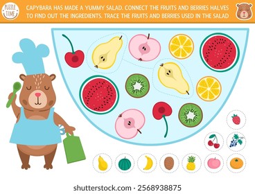 Find pair of fruit halves in capybara salad. Capibara matching activity for children. Educational quiz worksheet for kids for attention skills. Printable game with cute animal chef