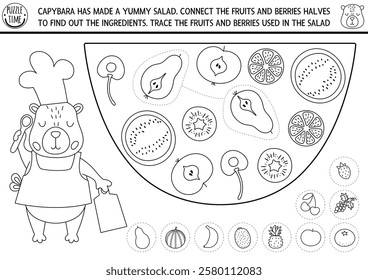 Find pair of fruit halves in capybara salad. Capibara black and white matching activity for children. Educational quiz worksheet for kids. Printable game, coloring page with cute animal chef
