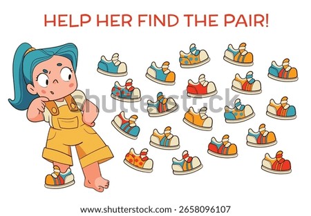 Find the Pair. Fun matching game for kids. A girl is missing one shoe — can you find the matching sneaker? Great for attention and visual discrimination activities. Educational game for children