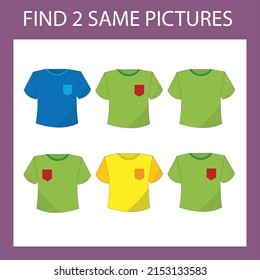 Find a pair game with colorful t-shirt.  Worksheet for preschool kids, kids activity sheet, printable worksheet 
