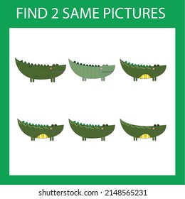 Find a pair game with funny  green crocodiles.  Worksheet for preschool kids, kids activity sheet, printable worksheet 
