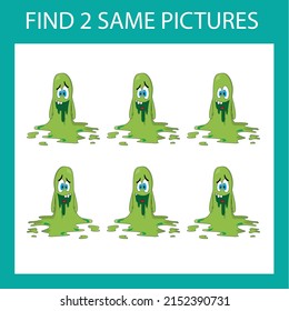 Find a pair game with funny  green  monsters.  Worksheet for preschool kids, kids activity sheet, printable worksheet 
